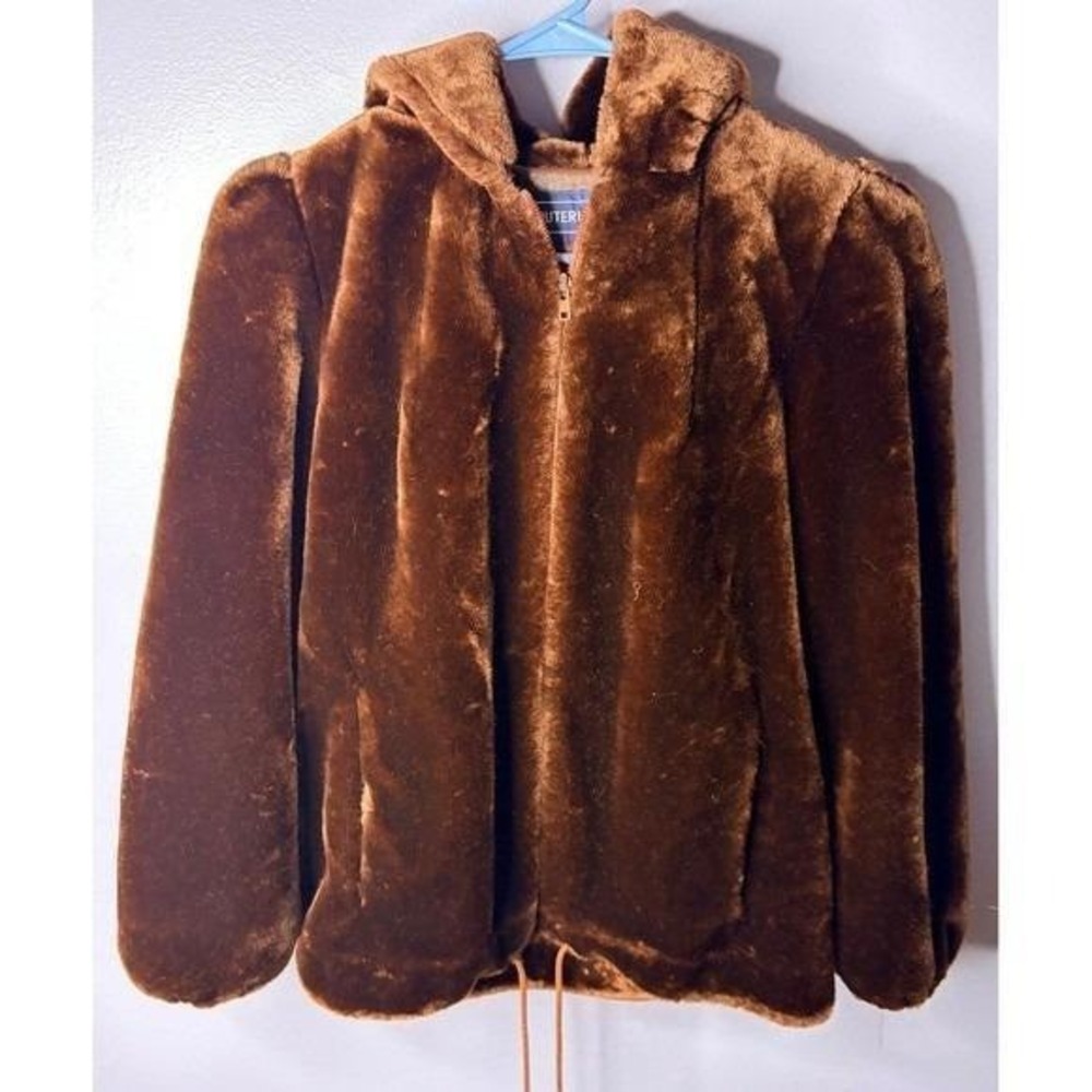 Vtg Faux Fur Coat 70s 80s Brown Glam Retro Jacket Mod Size 9/10 USA Outlayers